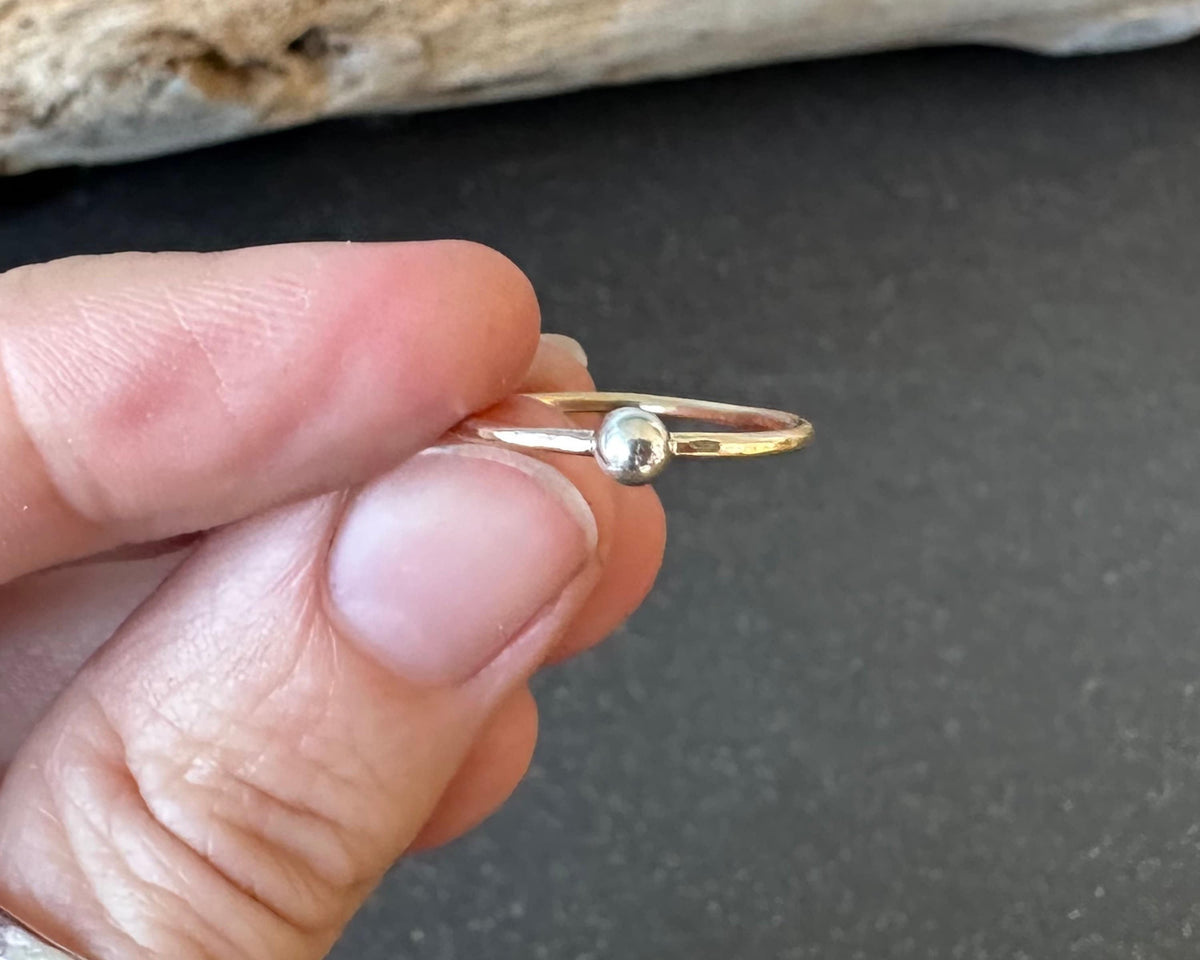 Set of Two Skinny Stacking Rings, 9ct Gold Nugget on 1.2mm 925 Sterling Silver Ring and 925 Sterling Silver Nugget on 1.2mm 9ct Gold Ring