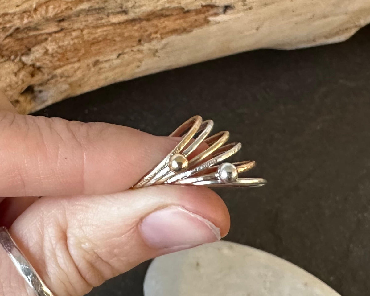 Skinny 9ct Gold Ring with 925 Sterling Silver Nugget, 1.2mm Hammered Ring Band, Handmade Stacking Ring, Minimalist Ring