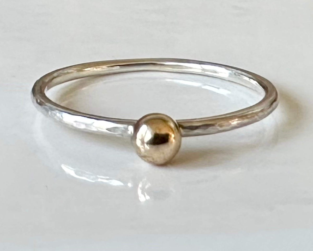 Gold Nugget on 1.2mm 925 Sterling Silver Ring, Hammered Ring Band, Recycled Gold Skinny Stacking Ring.