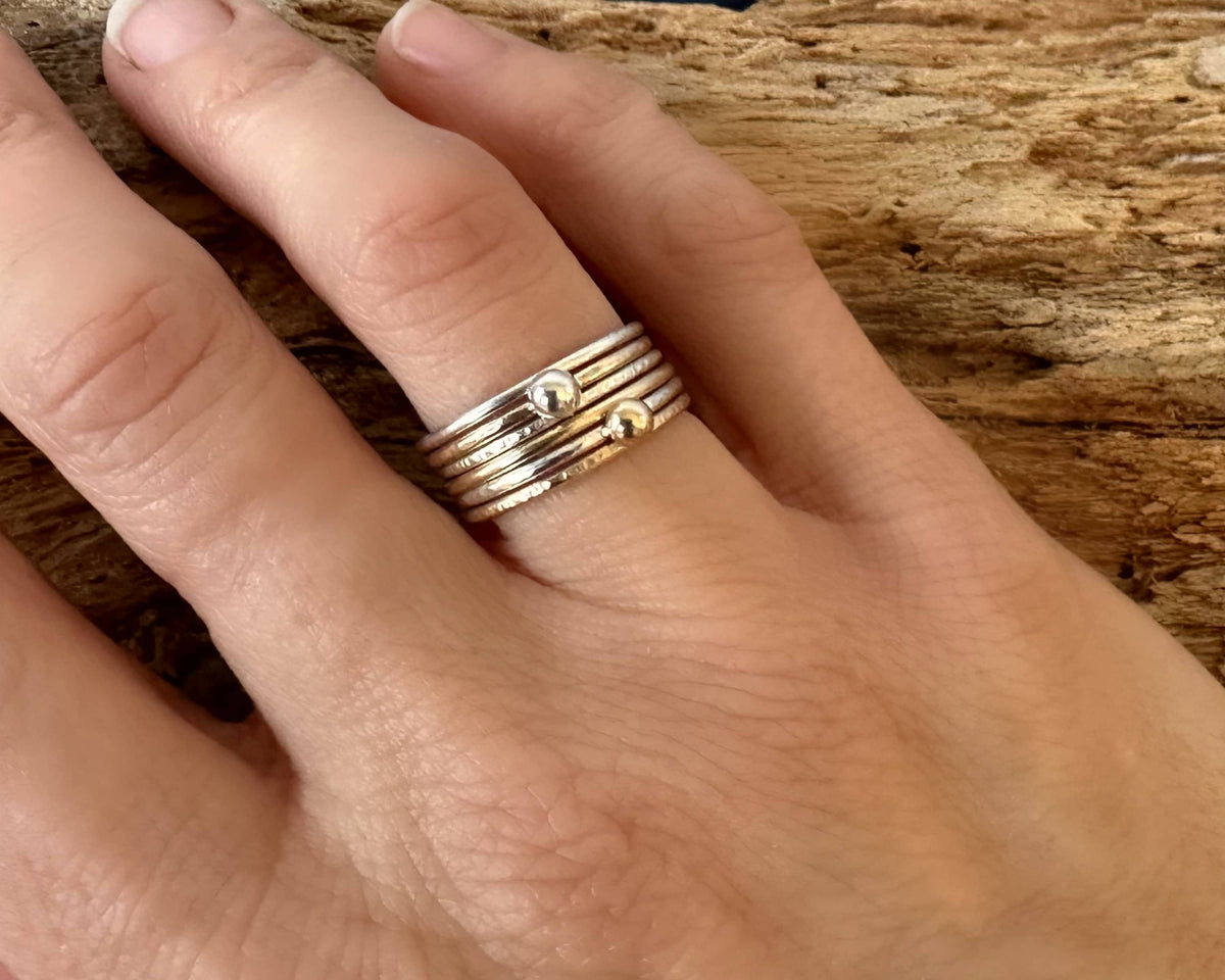 Set of Two Skinny Stacking Rings, 9ct Gold Nugget on 1.2mm 925 Sterling Silver Ring and 925 Sterling Silver Nugget on 1.2mm 9ct Gold Ring