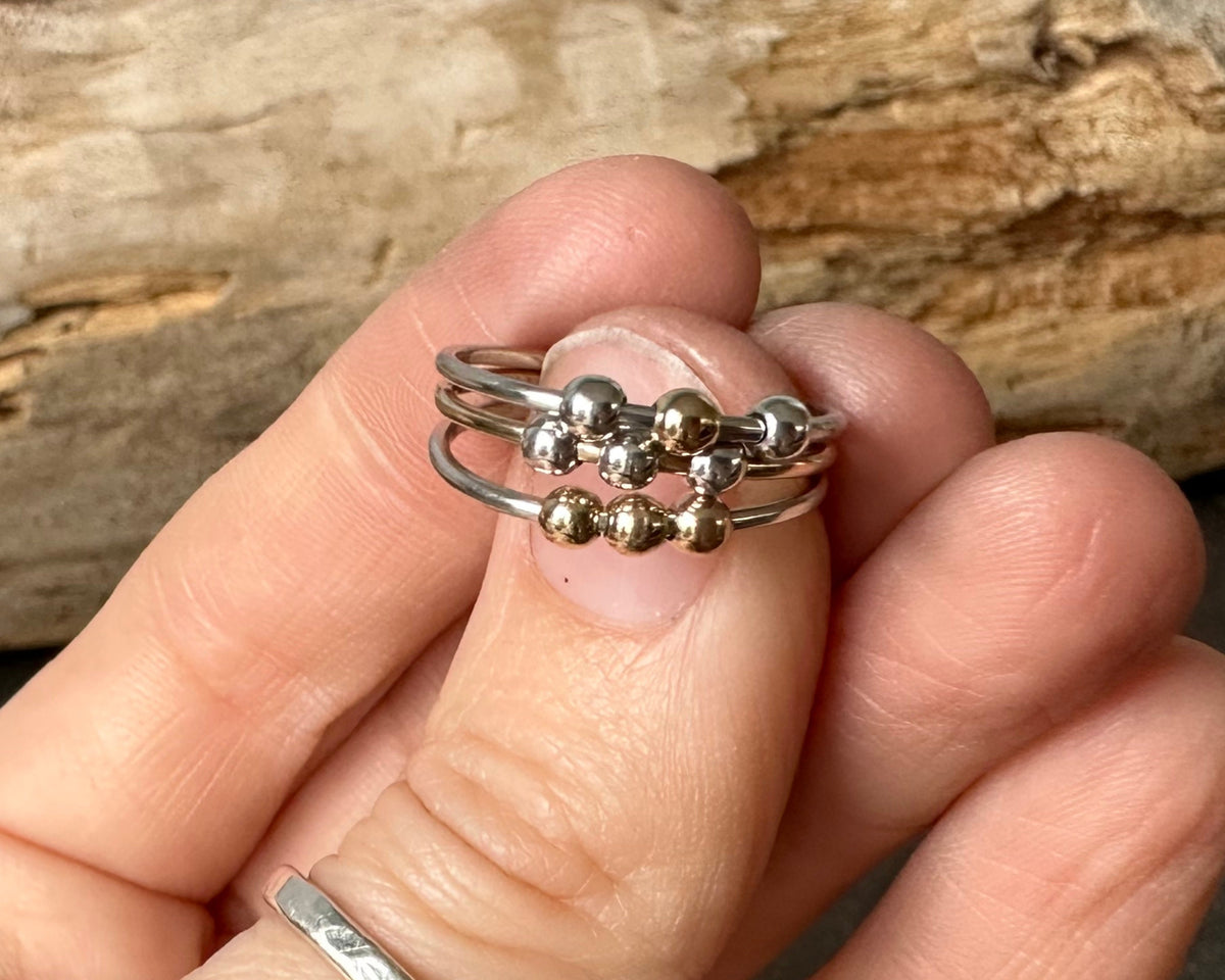 Fidget Ring Handmade from 9ct Gold and Sterling Silver Beads, 1.2mm Gold Stackable Ring Band, Anxiety Ring, Spinner Ring