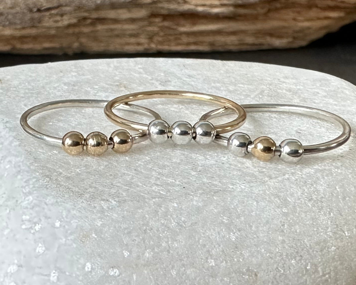 Fidget Ring Handmade from 9ct Gold and Sterling Silver Beads, 1.2mm Gold Stackable Ring Band, Anxiety Ring, Spinner Ring