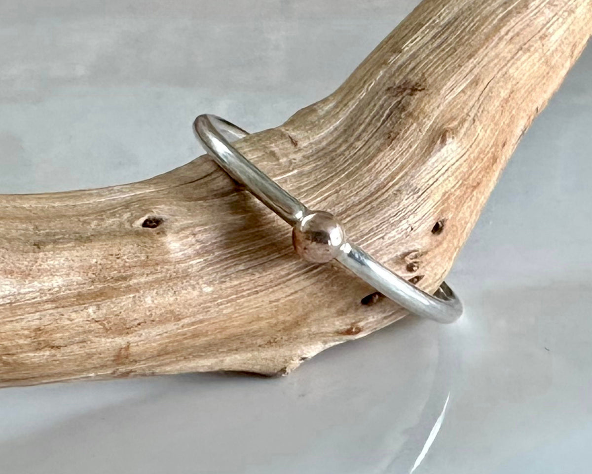 Solid Yellow Gold, Rose Gold or Silver Dot on 1.3mm 925 Sterling Silver Ring Band, Pebble Ring, Mixed Metal Recycled Stacking Ring.