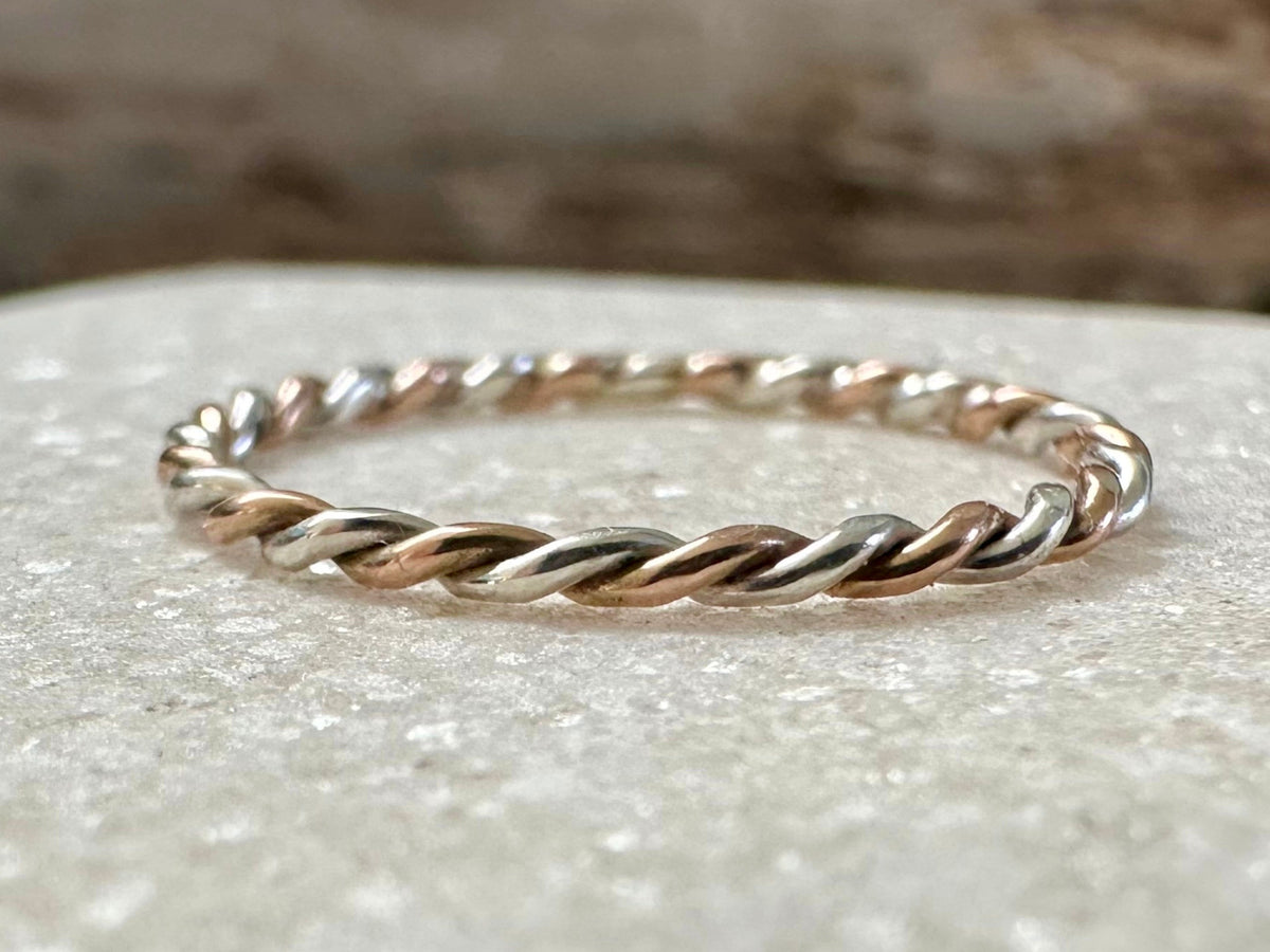 Solid 9ct Rose Gold and Sterling Silver Ring, Mixed Metal Rope Ring, Twisted Ring, Handmade Precious Metal Stacking Ring, Red Gold.