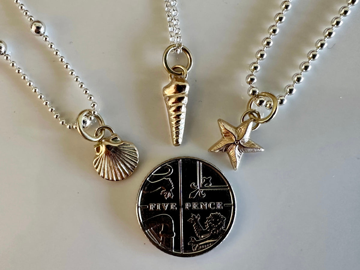 Solid 9ct gold Turritella Seashell pendant charm necklace, handmade from recycled 9ct gold, made to order